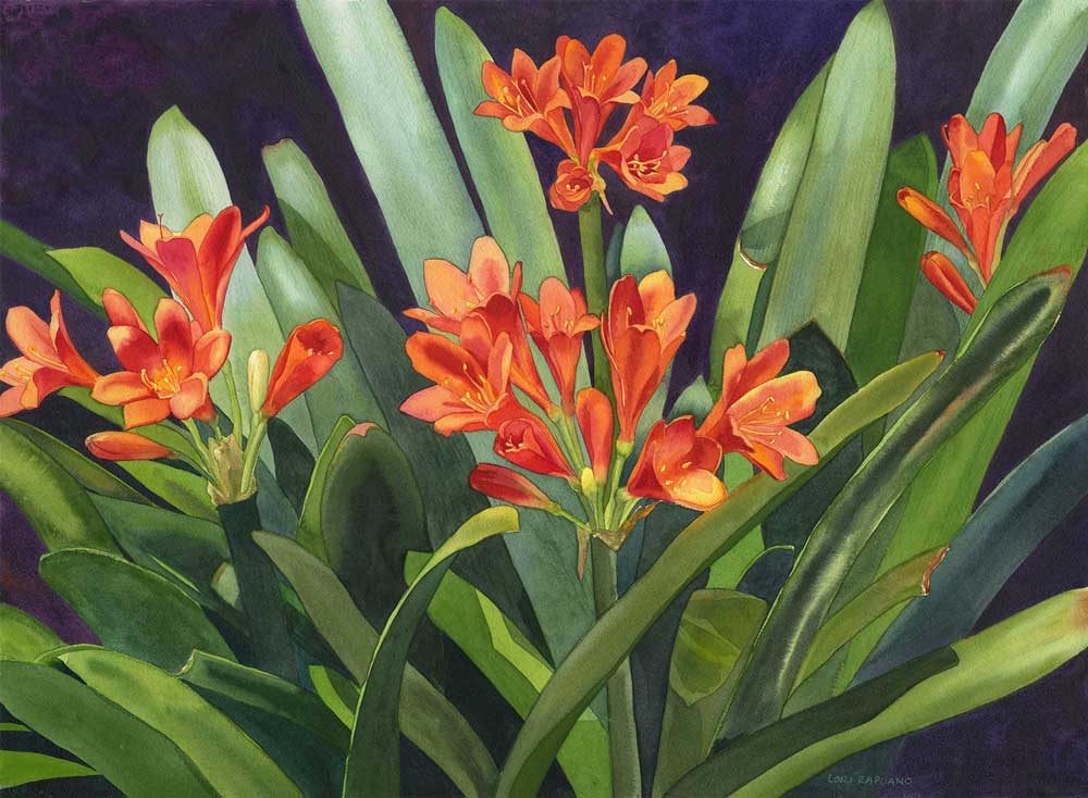 Lori-Rapuano-opt Original artwork of red flowers and green leaves on black background by Granby Artist Lori Rapuano